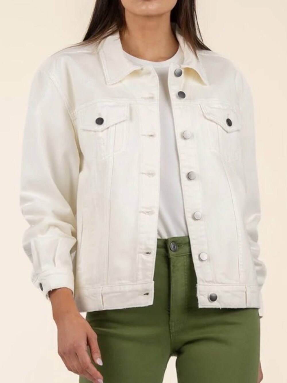 Kut from the Kloth Emmy Boyfriend Ecru White Distressed Denim Jacket size Med